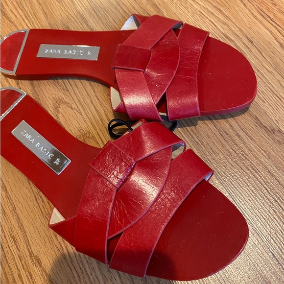 Zara Genuine Leather Red Crossover Slide Sandal Slipper Flat Shoes 37 / 6.5 NWT - Picture 9 of 13